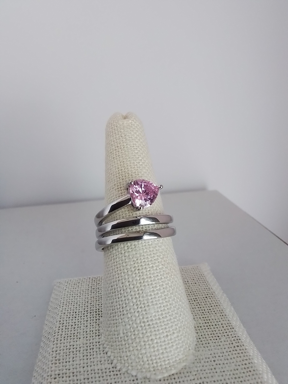 White Gold Plated Adjustable Triple Band Ring with Pink Heart Gem